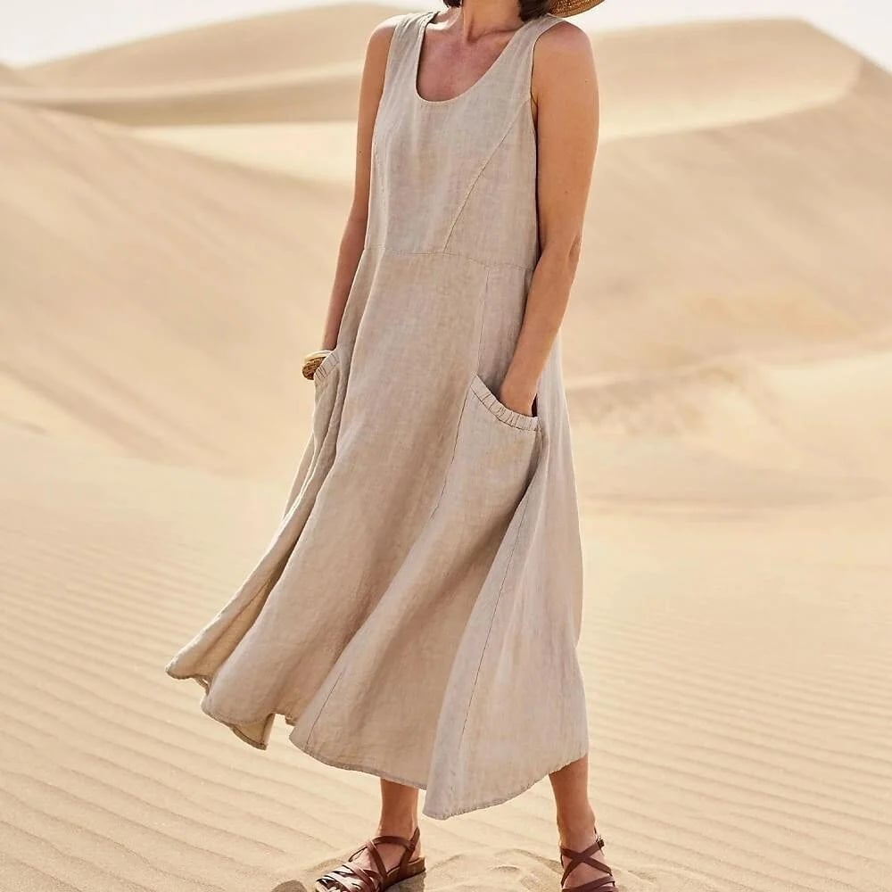 Women's Sleeveless Cotton And Linen Dress With Pockets