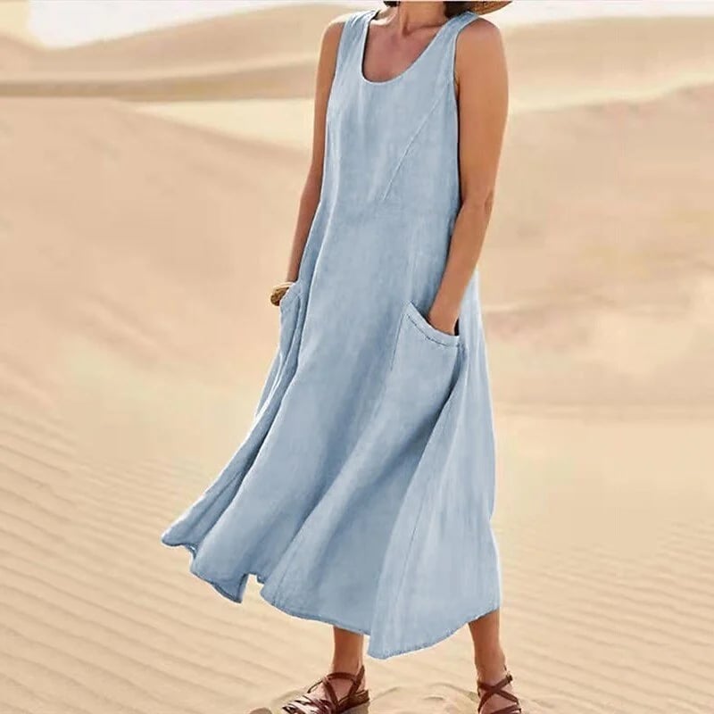 Women's Sleeveless Cotton And Linen Dress With Pockets