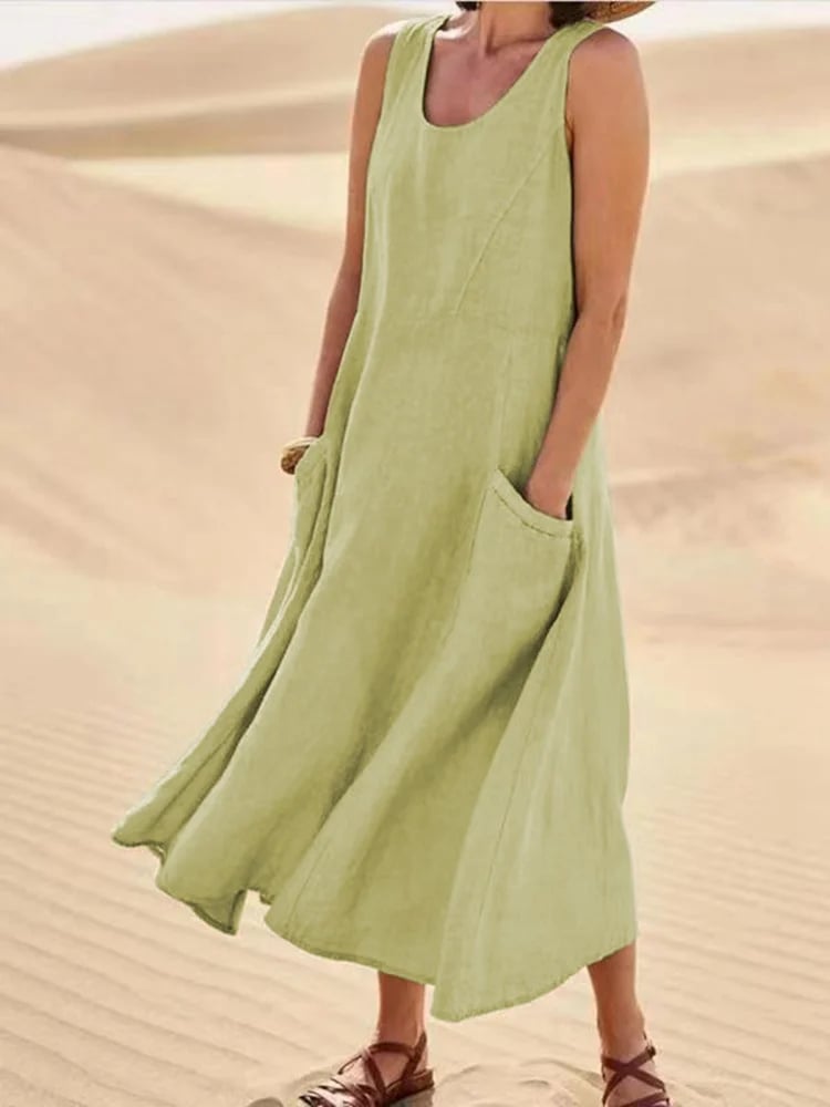 Women's Sleeveless Cotton And Linen Dress With Pockets