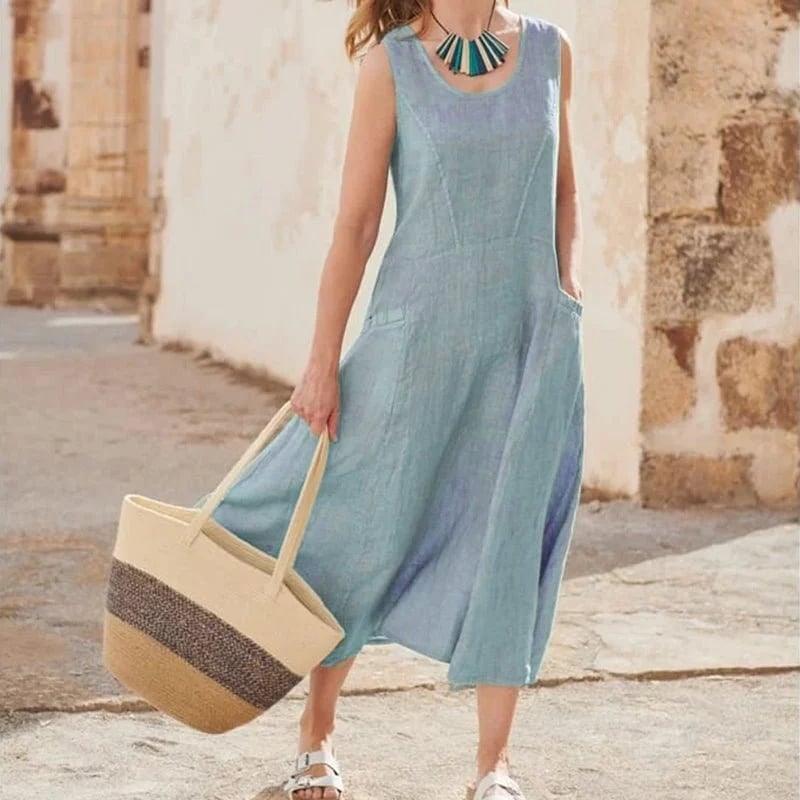 Women's Sleeveless Cotton And Linen Dress With Pockets