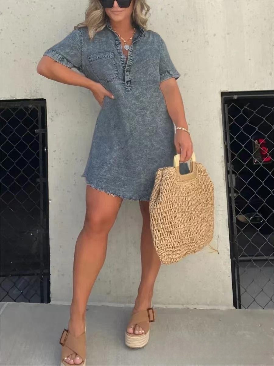 Short Sleeve Casual Denim Shirt Dress