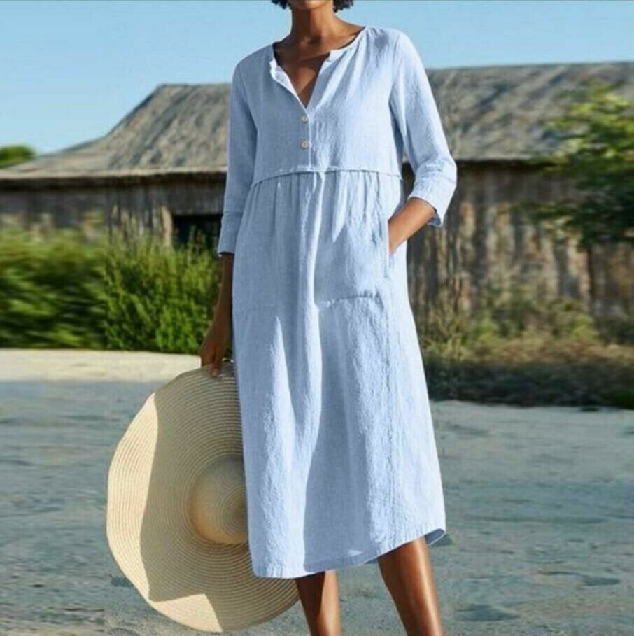 Solid color cotton and linen long dress with pockets