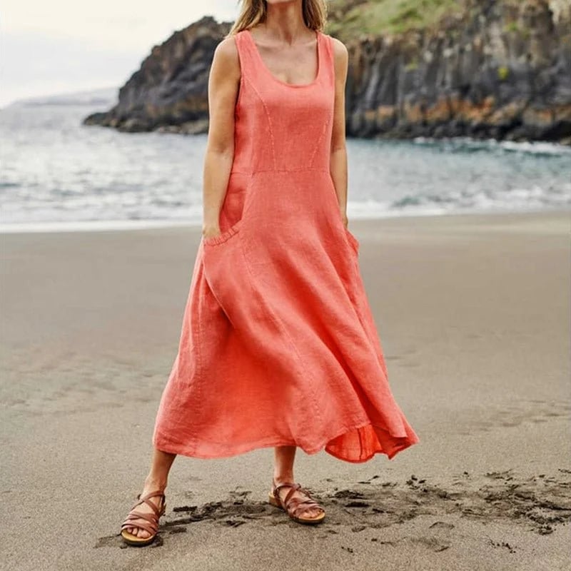 Women's Sleeveless Cotton And Linen Dress With Pockets