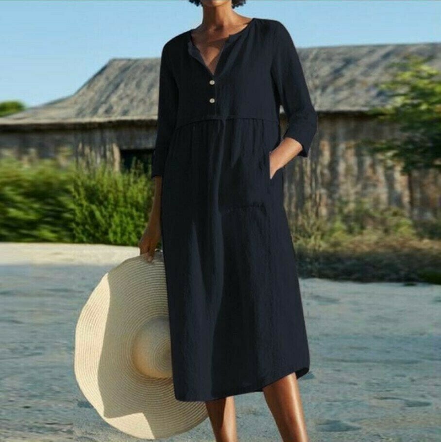 Solid color cotton and linen long dress with pockets